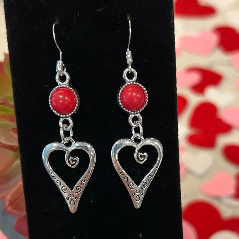 NWOT - Silver Heart Dangle Earrings with Red Accents